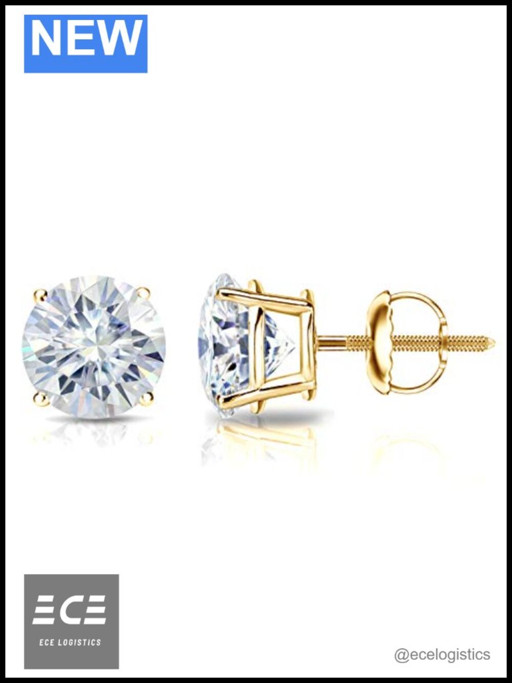 14k Yellow Gold Moissanite Round Stud Earrings 7 Carat Screw Back
